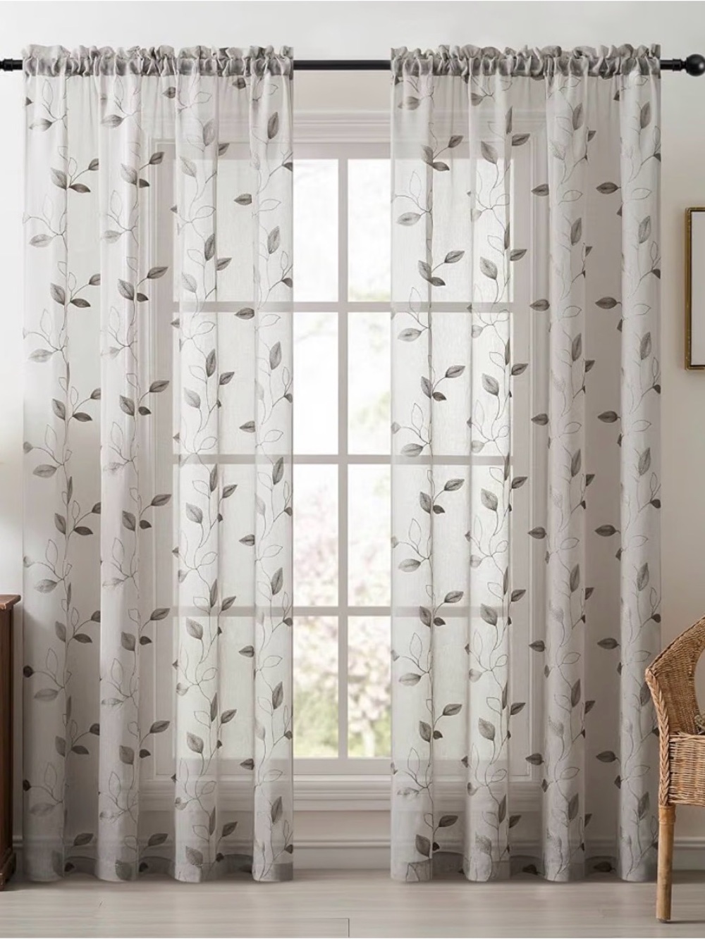 Grey Sheer Curtains Rod Pocket Leaf Embroidery